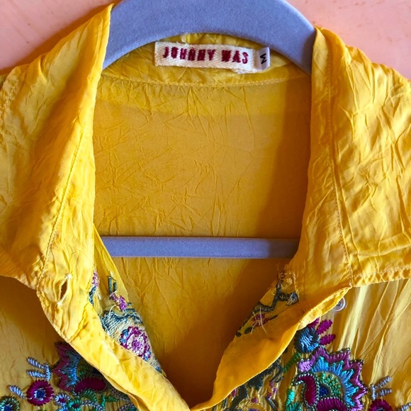 Long Sleeve Johnny Was Yellow 100% Silk Button Down Embroidered Blouse - Picture 5 of 9